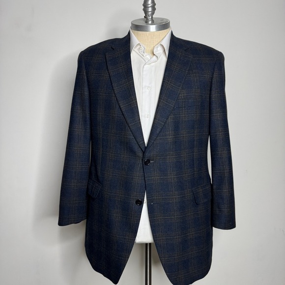 H. Stockton Atlanta Men's 44L Blue Brown Plaid Wool Cashmere Blazer Coat - Picture 1 of 10